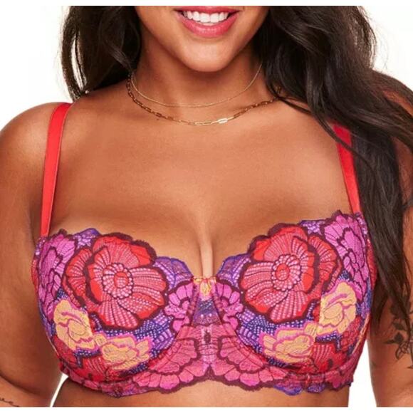 Adore Me Lace Underwire Bra Red Pink Floral Full Coverage 44DDD Lingerie Bold - Picture 1 of 10